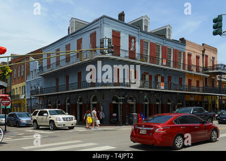 Historic Buildings at the corner of Decatur Street and Toulouse Street in French Quarter in New Orleans, Louisiana, USA. Stock Photo
