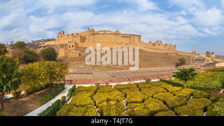 Panorama view of Amber fort and palace from Kesar Kyari Bagh garden on Maotha Lake. Jaipur. Rajasthan. India Stock Photo