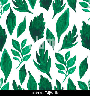 seamless pattern green leaves branch on white isolated background. Hand painted withwatercolor. Botanical floral set Stock Photo