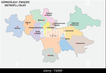 Map of the Metropolitan Association of Upper Silesia and the Dabrowa Basin in Poland Stock Vector