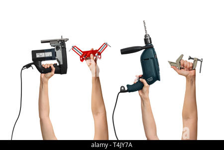 set of the tools for homework in hands, on white background Stock Photo