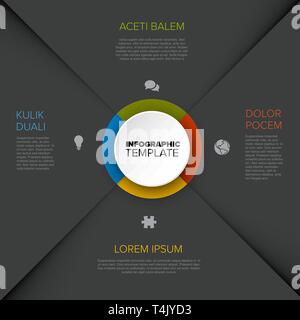 Four options diagram template with color circle in the middle - multipurpose universal infographic template - dark version Stock Vector