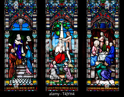 East window stained glass in Holy Trinity Church, Shenington, Oxfordshire, England, UK Stock Photo