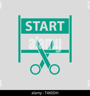 Scissors Cutting Tape Between Start Gate Icon. Green on Gray Background. Vector Illustration. Stock Vector