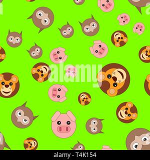 Seamless pattern of lion head pigs and owls. Vector illustration in cartoon style on a colored background. Stock Vector
