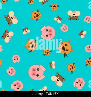 Seamless pattern of pig and dog cat heads. Vector illustration in cartoon style on a colored background. Stock Vector