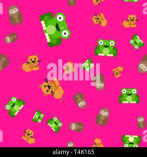 Seamless pattern of owl and cat frog. Vector illustration in cartoon style on a colored background. Stock Vector