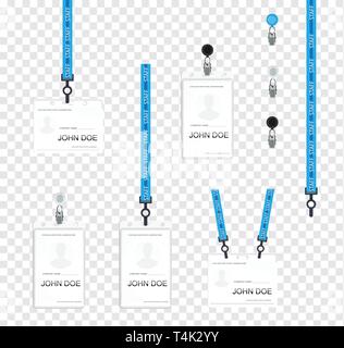 Vector illustration of employees identification card on blue lanyards, cord and strap with metal clips. Realistic set plastic badges samples for prese Stock Vector