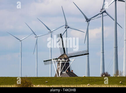Wind park Westereems and Growind, altogether over 80 wind turbines, at the seaport Eemshaven, province Groningen, in the northwest of the Netherlands, Stock Photo