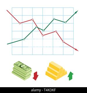 Graph chart stock market rising and falling price gold bar, dollar. Stock Vector