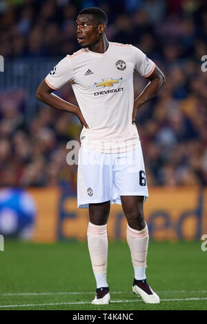BARCELONA, SPAIN - APRIL 16: Paul Pogba of Manchester United reacts during the UEFA Champions League Quarter Final second leg match between FC Barcelona and Manchester United at Camp Nou on April 16, 2019 in Barcelona, Spain. (Photo by David Aliaga/MB Media) Stock Photo