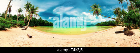 Panoramic landscape amazing tropical beach with crystal clear sea water, palm trees on background scenery tropic nature Stock Photo