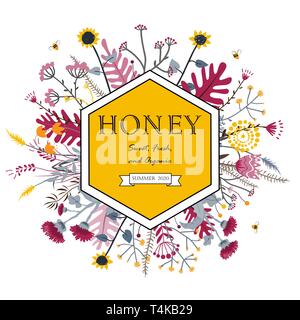 Hexagon Frame with cute honey flowers and bees. Cartoon vector illustration. Grasslend Honey Concept. Stock Vector