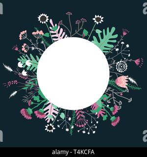 Round flower doodles wreath hand drawn isolated on white for greeting card or text, vector illustration Stock Vector