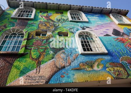 Low Angle View of a House whose Facade is covered by a Colorful Mural depicting a Tropical Jungle Scene Stock Photo
