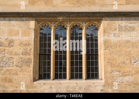 Window and stonework detail of the Tower of the Five Orders which is the main entrance to Bodleian Library, part of University of Oxford, Oxford, UK Stock Photo