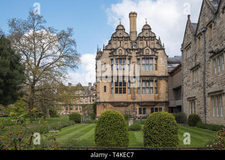 Neat garden at Trinity College, University of Oxford, viewed from Broad Street, Oxford, UK Stock Photo