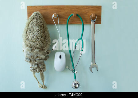 Career Concept With Tools Associated With Different Professions Hanging On Wall Rack Stock Photo