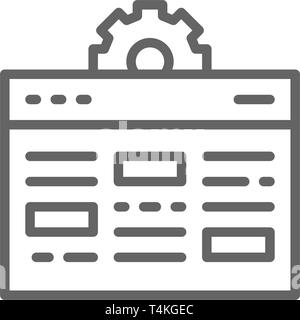 Webpage with gear, internet development, website optimization, seo line icon. Stock Vector