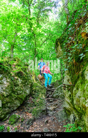 Hiking on an exciting and challenging trail in forest Stock Photo