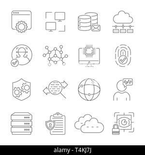 Network technology, face recognition, internet protection, cloud service, server, data. Vector icons set. Editable Stroke. EPS 10 Stock Vector