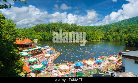 Sovata, Romania - August 5, 2018: Mountain resort with heliothermal Lake Ursu on Sovata, Transylvania, Romania. Stock Photo