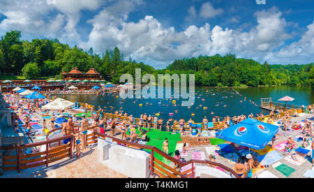 Sovata, Romania - August 5, 2018: Mountain resort with heliothermal Lake Ursu on Sovata, Transylvania, Romania. Stock Photo