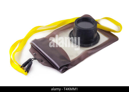Plastic case for photography camera under water isolated on white Stock Photo