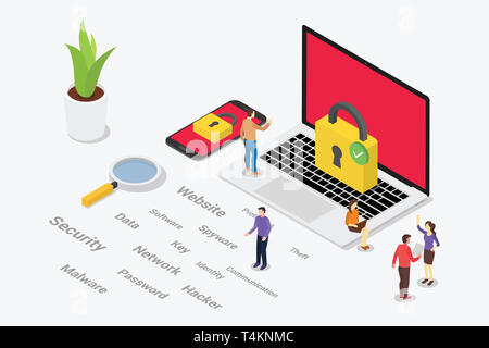 isometric cyber security concept with team people and padlock with laptop and smartphone secure - vector illustration Stock Photo
