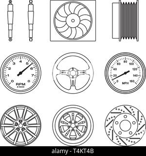 Various types of car parts. Spare parts. Thin line vector icons Stock Vector