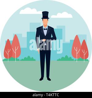 man wearing tuxedo round icon Stock Vector