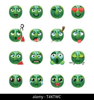 Set of vector stickers, emojis with cute watermelon Stock Vector