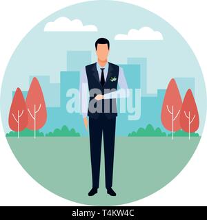 man wearing tuxedo round icon Stock Vector