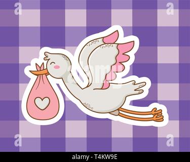 cute baby shower stork holding baby bag cartoon vector illustration graphic design Stock Vector