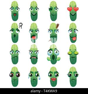 Set of vector stickers, emojis with cute cucumber Stock Vector