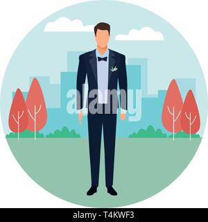 man wearing tuxedo round icon Stock Vector