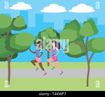 women running with sportwear avatar cartoon character park landscape vector illustration graphic design Stock Vector