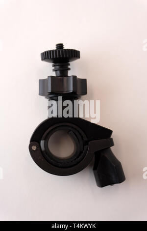 Rifle scope mounts that are metal and black on a white background Stock Photo