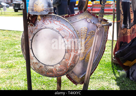 coat of arms medieval knight shield and sword isolated on white Stock Photo