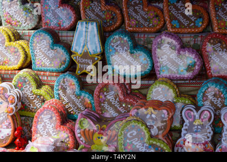 Easter bunny cookies, homemade painted gingerbread biscuits in glaze shaped funny rabbits for Easter treats . Russia Berezniki 26 may 2019 . Stock Photo