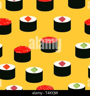 Sushi icons set. Asian food. Seamless pattern. Isometric icons. Flat style food. Vector illustration Stock Vector