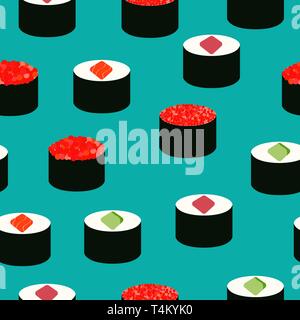 Sushi icons set. Asian food. Seamless pattern. Isometric icons. Flat style food. Vector illustration Stock Vector