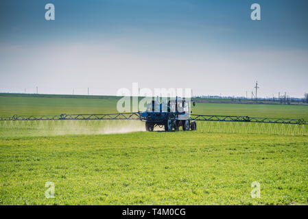 Blue tractor with spraying device in green field Stock Photo