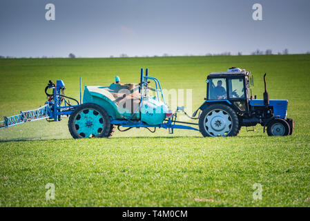 Blue tractor with spraying device in green field Stock Photo