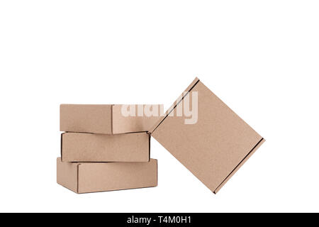Stack of craft paper boxes isolated on white. Stock Photo
