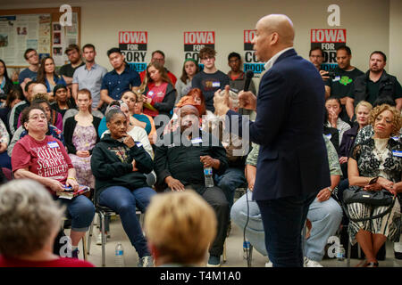 Democratic candidate for President of the United States Cory Booker seen campaigning during the Iowa Democratic Party Black Caucus at the town hall. More than a dozen Democratic Party candidates are campaigning in the state of Iowa to win the Iowa Democratic Caucuses February 3, 2020. The Iowa Caucuses is part of a series of primary elections in the United States that will help the Democratic Party decide the candidate that will be the opponent of United States President, and defacto leader of the Republican Party, Donald J. Trump. The United States has two dominant political parties that comp Stock Photo