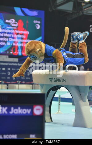 UEG mascot Luigi vaults over pommel horse after the end of Men's QualificationsUEG, EC Szczecin April 10th 2019