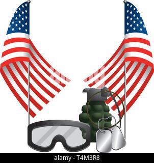 united state flag with grenade goggles and dog tag plates vector illustration graphic design Stock Vector