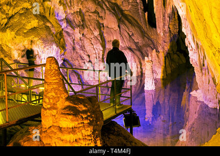 little lake inside Dim Magarasi flowstone cave, Kestel, Alanya, Antalya Province, Turkey Stock Photo