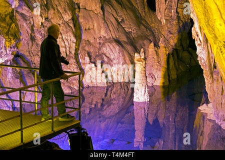 little lake inside Dim Magarasi flowstone cave, Kestel, Alanya, Antalya Province, Turkey Stock Photo